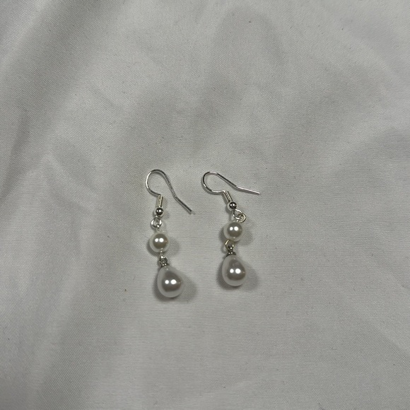 Silver Tone Faux Pearl Drop Earrings - Picture 3 of 3